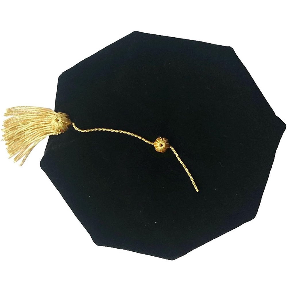 NEW Doctoral Graduation Cap Black Velvet 8-Sided with Gold Bullion Tassel